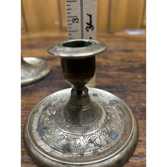 Vintage Brass Etched Candle Holders Set Of 2 - Picture 7 of 7